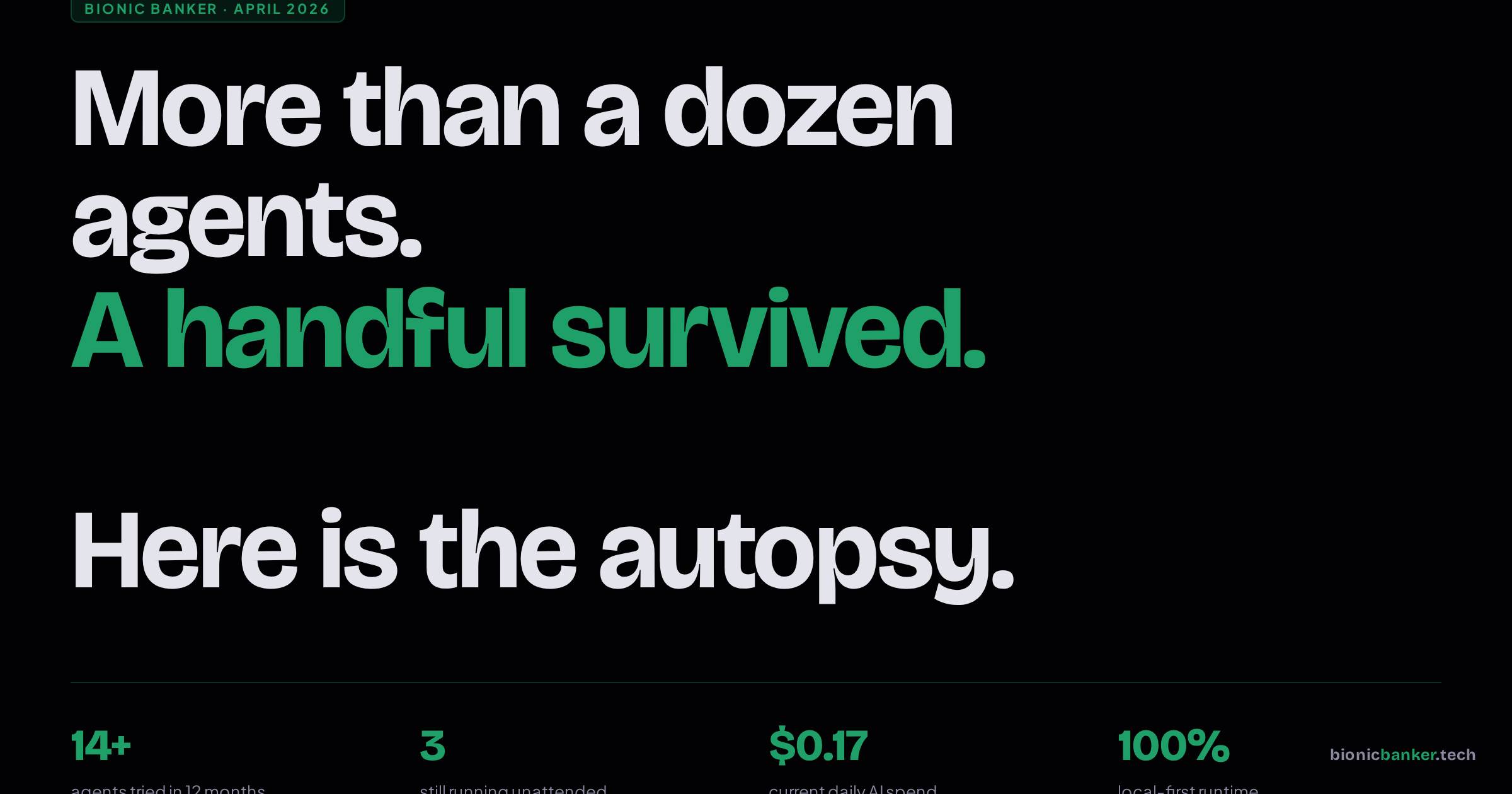 The agent graveyard. I tried more than a dozen. A handful survived. Here is the autopsy.